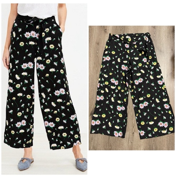 LOFT Pants - NWOT LOFT BLACK FLORAL LINEN BLEND WIDE LEG PANTS Fairy Country Prairie Medium